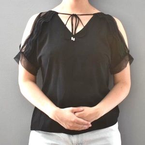 Worthington Petites Solid Black Cold Shoulder Lace & Flowy Casual Blouse
